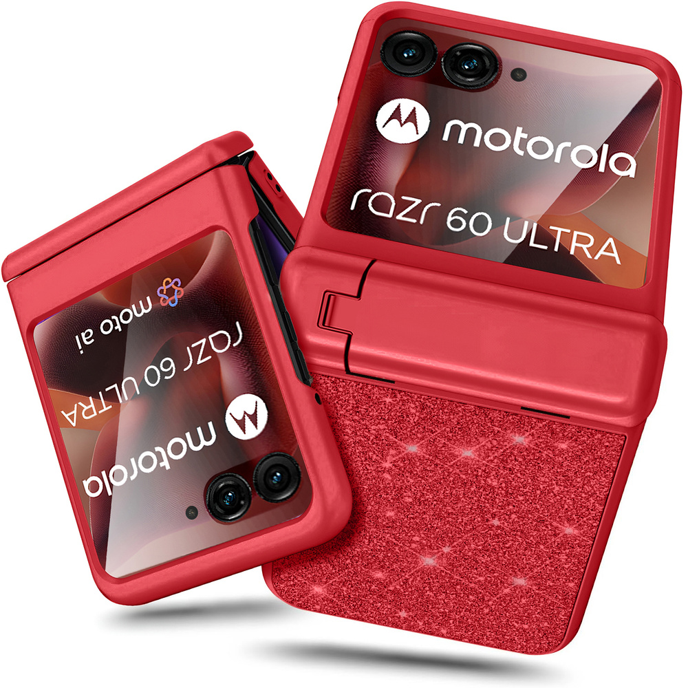 Motorola Razr 70 Ultra / 60 Ultra – Glitzernde Pc-hülle Mit Glas Und Ständer – Rot