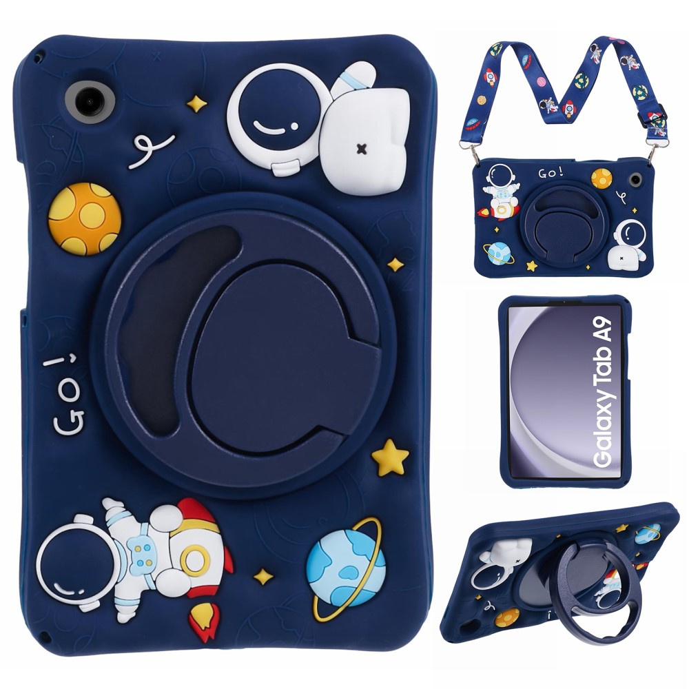 Silikonhülle Für Kinder Für Samsung Galaxy Tab A11 / A9, Mit Tragegurt, Gepanzert, Astronauten-design, Marineblau
