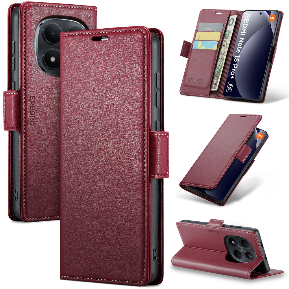 Schutzhülle Für Xiaomi Redmi Note 15 Pro Plus 5g / Poco M8 Pro 5g, Erbord Glossy Litchi, Brieftaschenhülle Mit Klappe, Rot