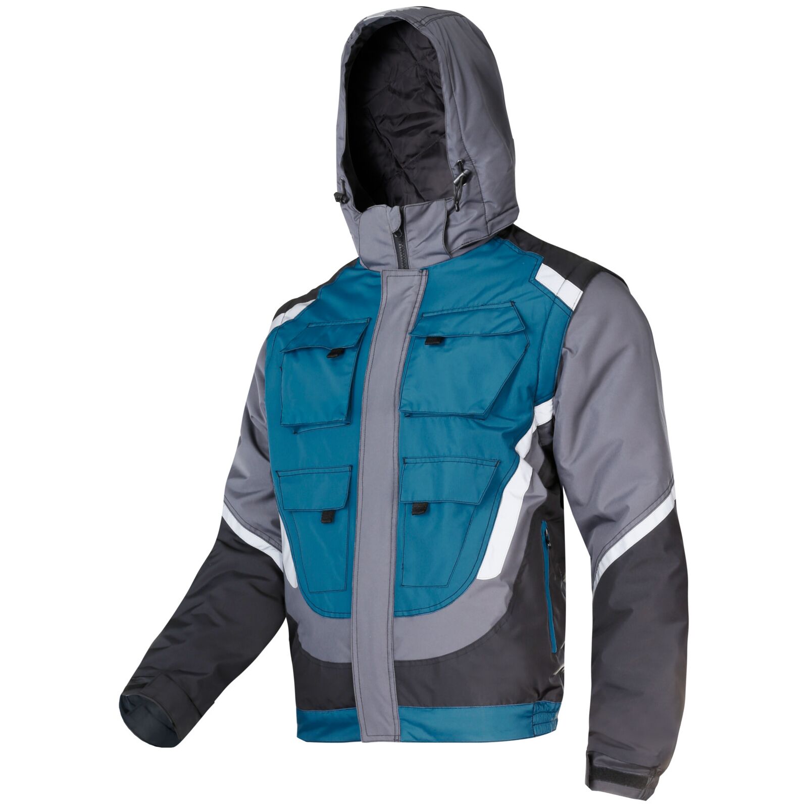 Isolierte Jacke, Schwarz, Grau Und Türkis. Mit Reflektierenden Elementen, Größe 3xl, Ce-zertifiziert, Lahti-zertifiziert.