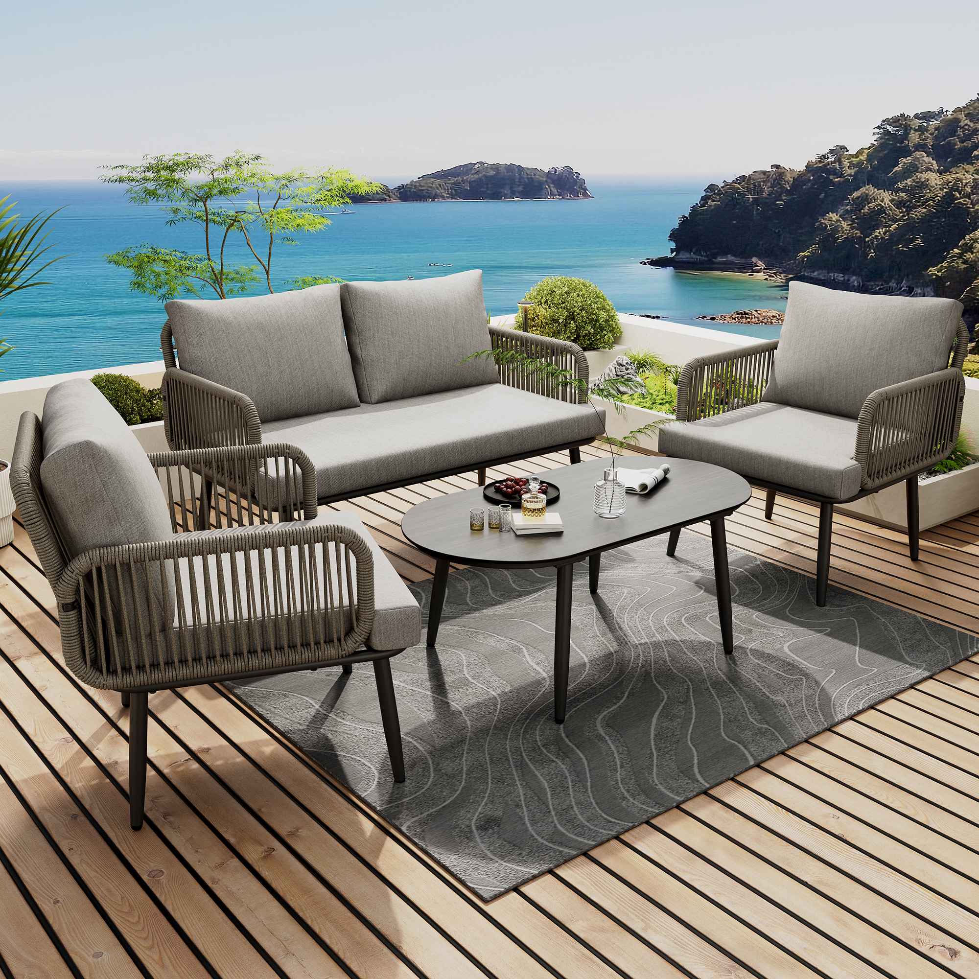 Garten-loungestuhl-set, Gartenmöbel-set Mit Bequemen Kissen, 2-sitzer-sofa, 2 Sessel Und Couchtisch, Handgeflochtenes