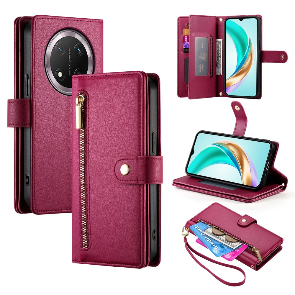 Honor Magic 7 Lite Flip Case, Brieftaschenfach Mit Reißverschluss, Rot