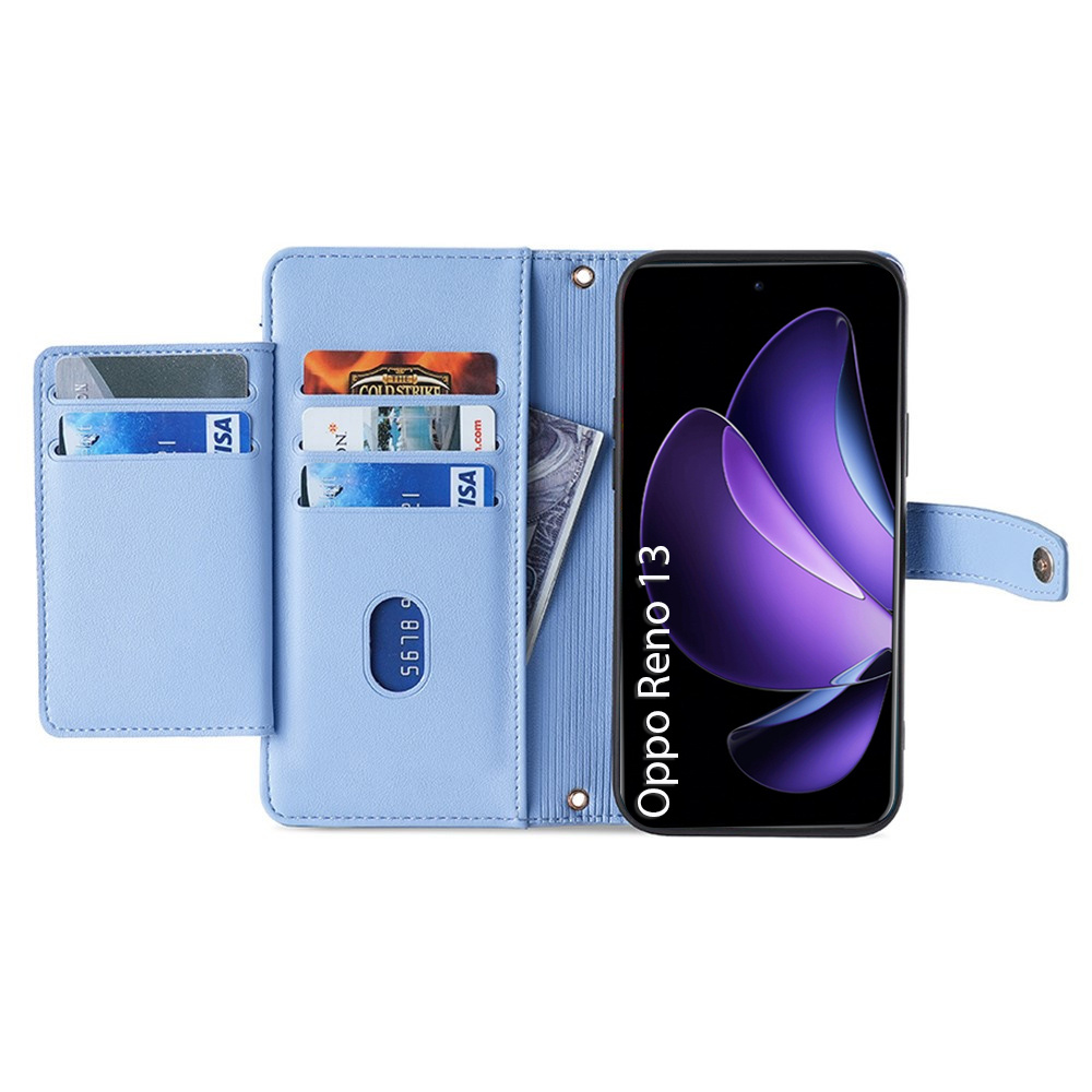 Oppo Reno 13 Flip Case, Brieftaschenfach Mit Reißverschluss, Blau