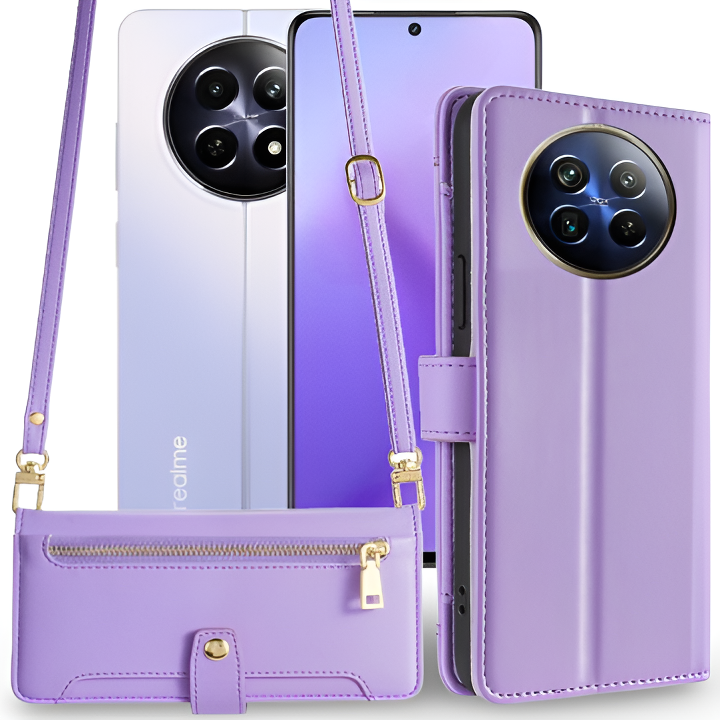 Realme 12 Flip Case, Brieftaschenfach Mit Reißverschluss, Lila