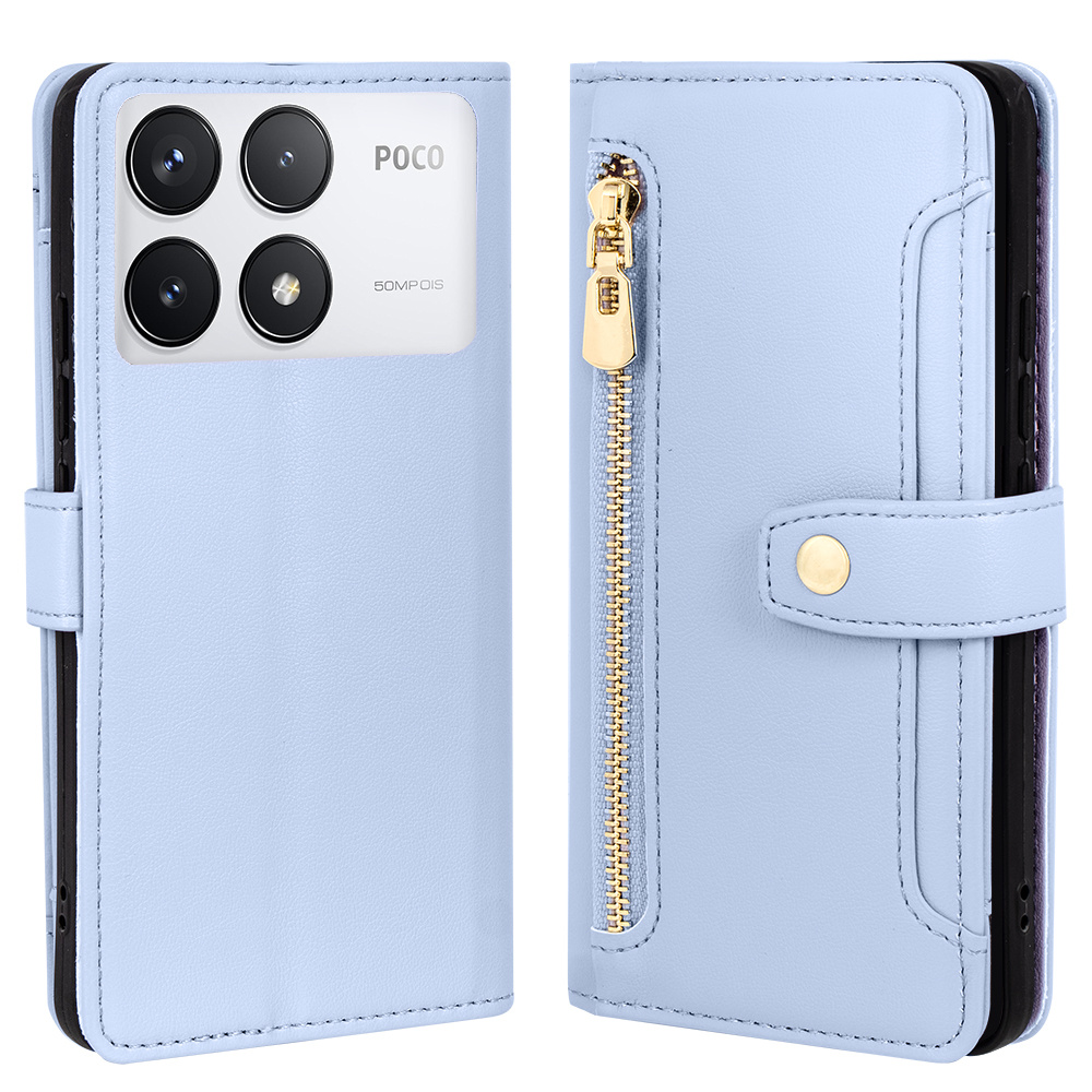 Klapphülle Für Xiaomi Poco F6 Pro, Brieftaschenfach Mit Reißverschluss, Blau