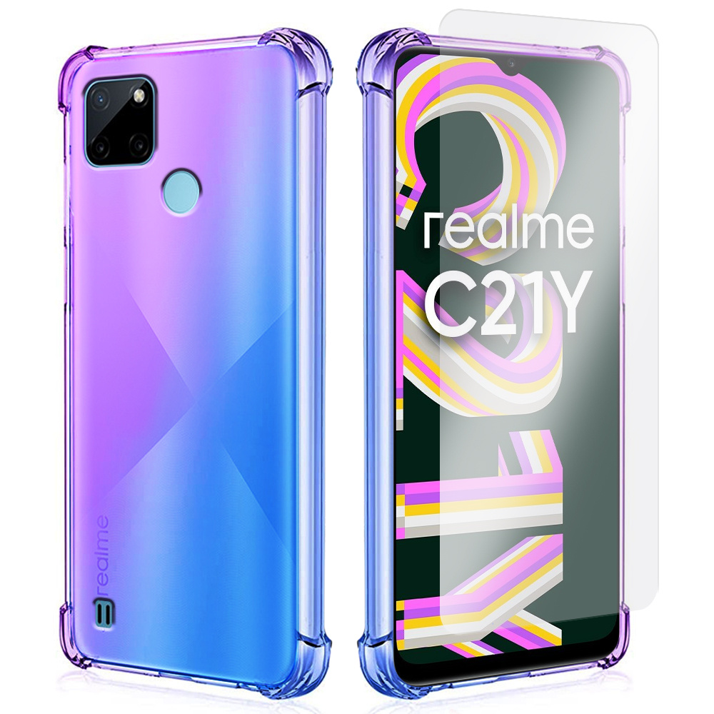Fallfeste Schutzhülle Mit Farbverlauf Für Realme C21y / C25y, Lila / Blau + Glas