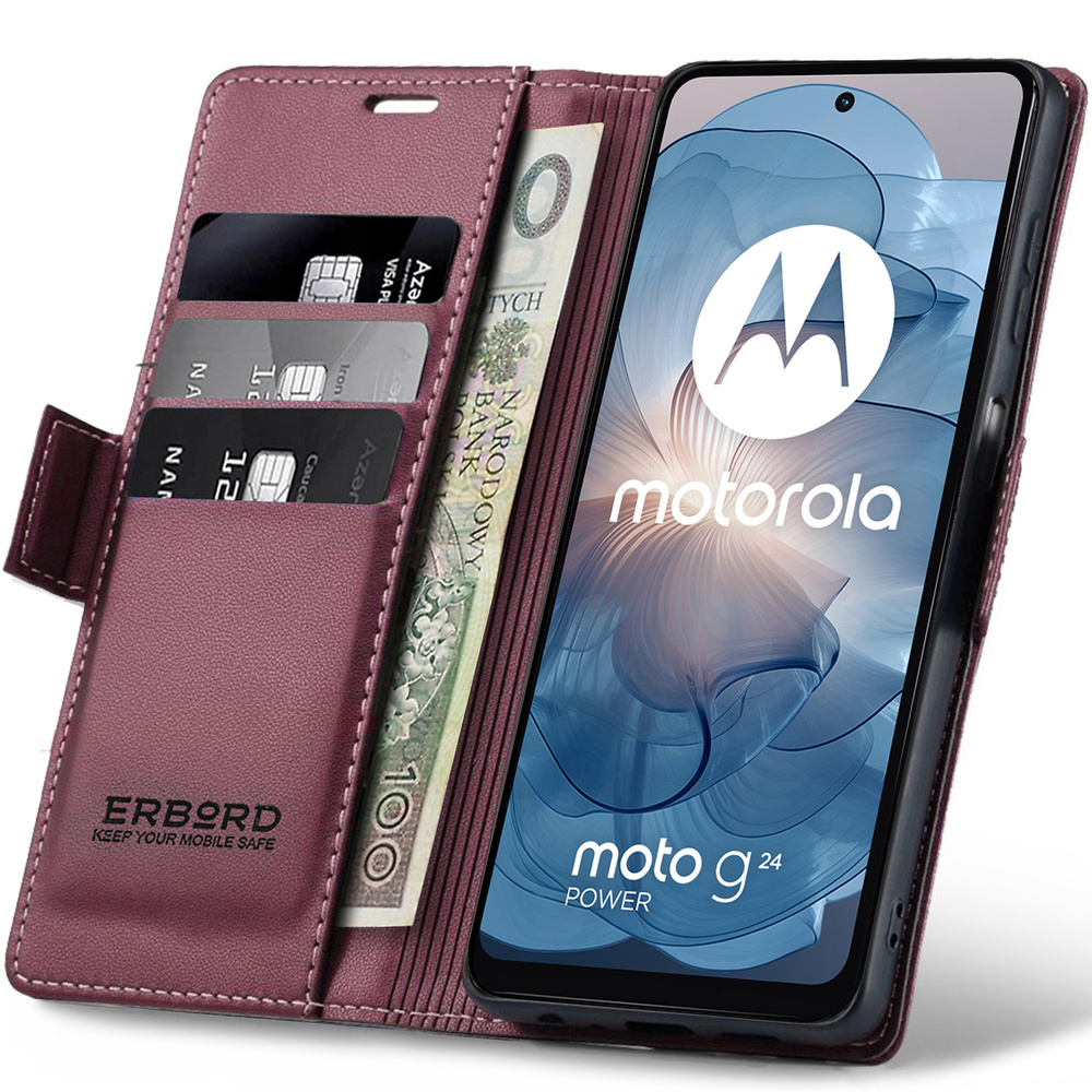 Hülle Für Motorola Moto G24 / G24 Power / G04, Erbord Glossy Litchi, Brieftaschenhülle Mit Klappe, Rot