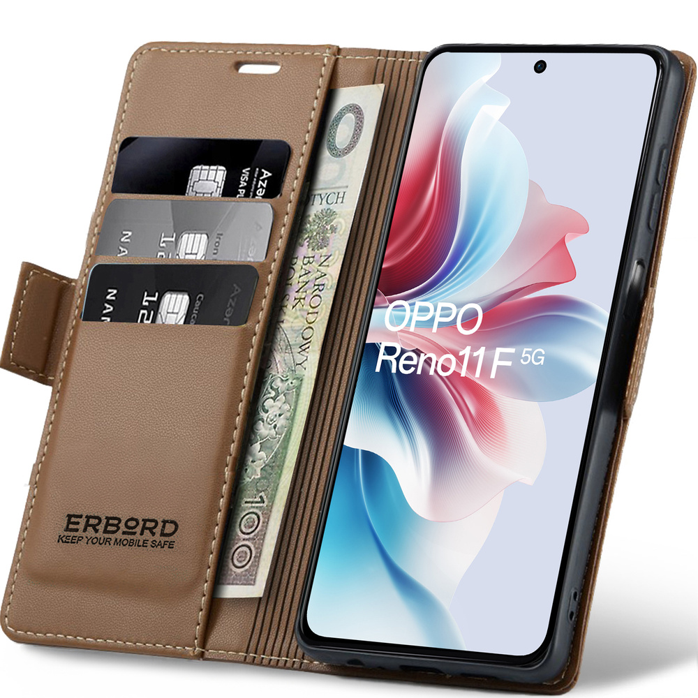 Oppo Reno 11f Hülle, Glänzendes Litschi, Klapphülle, Braun