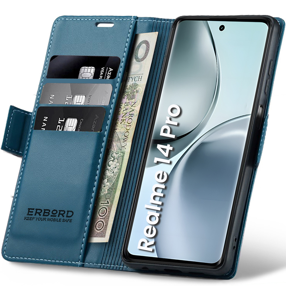 Realme 14 Pro 5g Hülle, Glänzende Litschi-klapphülle, Blau