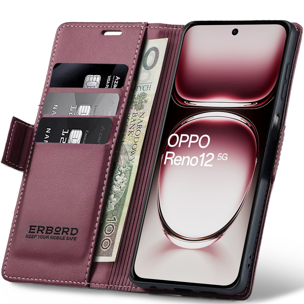 Oppo Reno 12 Hülle, Glänzendes Litschi, Klapphülle Mit Brieftaschenfunktion, Rot