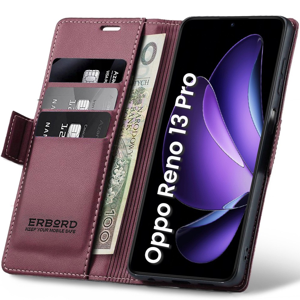 Oppo Reno 13 Pro Hülle, Glänzendes Litschi, Klapphülle Mit Brieftaschenfunktion, Rot