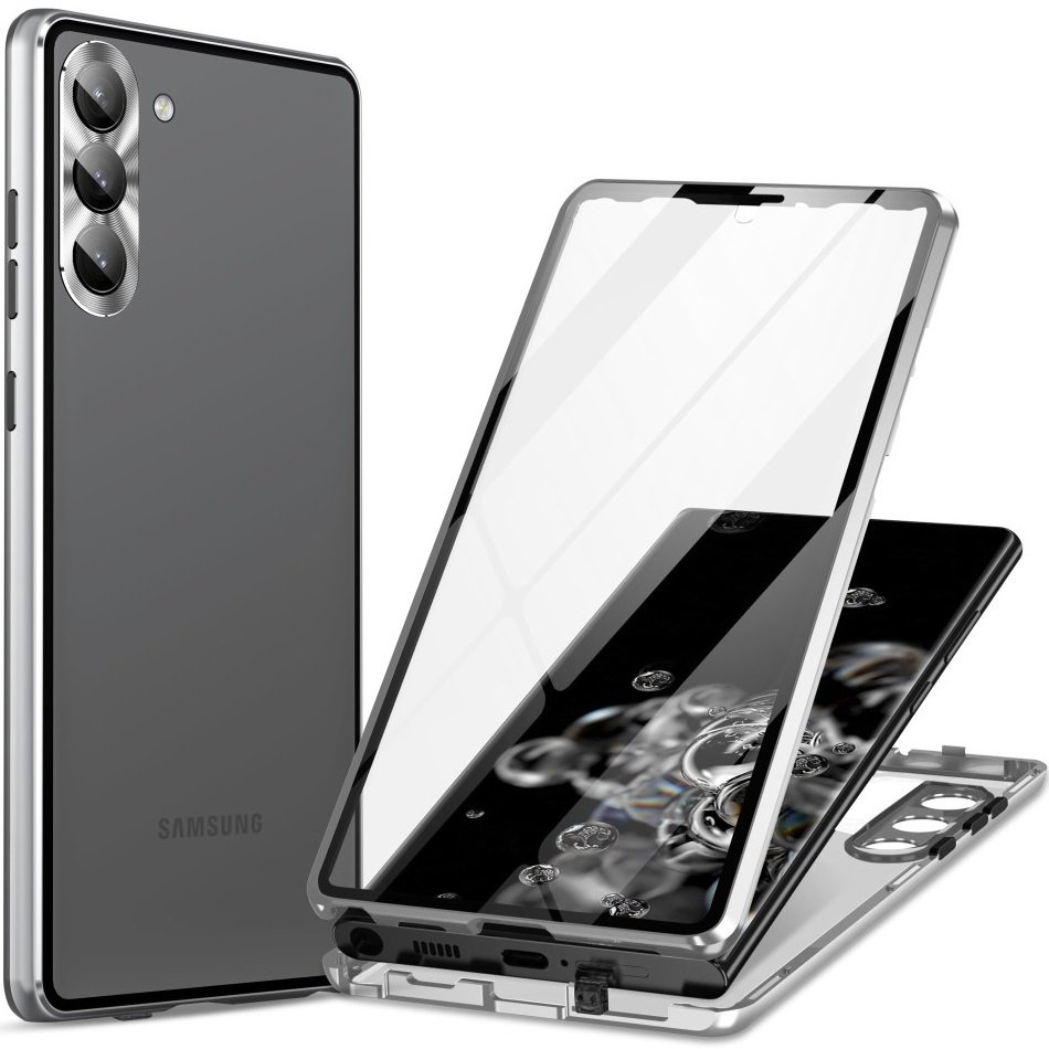 Schutzhülle Für Samsung Galaxy S23 Plus, Magnetisches Dualglas, Silber