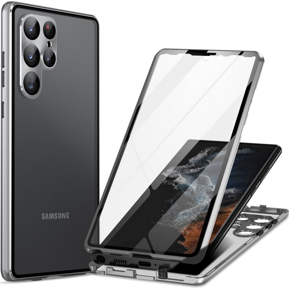 Schutzhülle Für Samsung Galaxy S23 Ultra, Magnetisches Dualglas, Silber