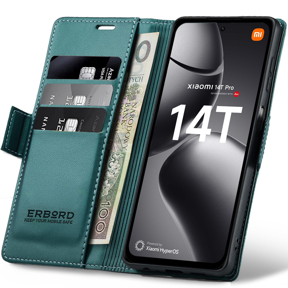 Xiaomi 14t Pro Hülle, Glänzende Litschi-klapphülle, Grün