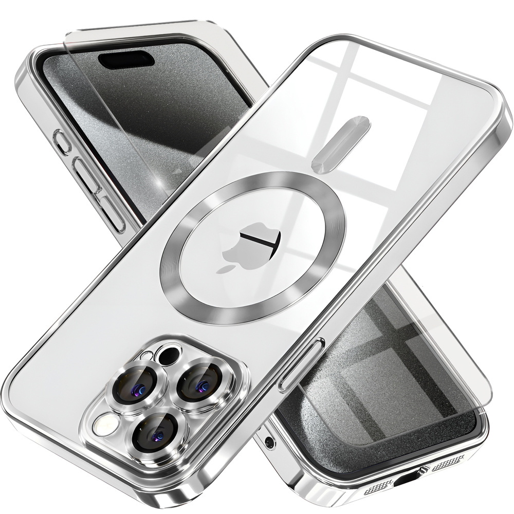 Iphone 15 Pro Max Hülle, Electro Magsafe, Silber + Displayschutzfolie