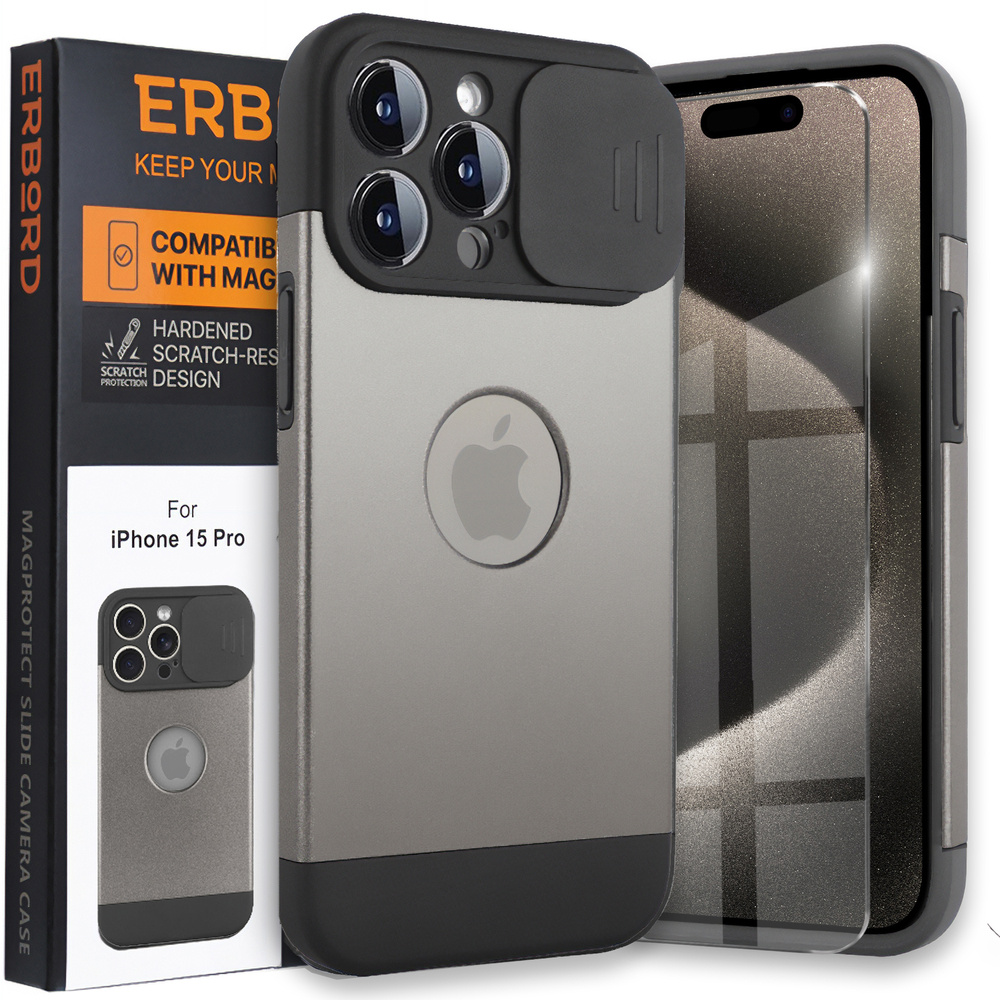 Iphone 15 Pro Max Hülle, Magprotect Cam Slider Für Magsafe, Titangrau + Gehärtetes Glas