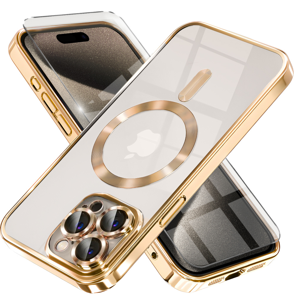 Iphone 15 Pro Hülle, Electro Magsafe, Gold + Displayschutzfolie