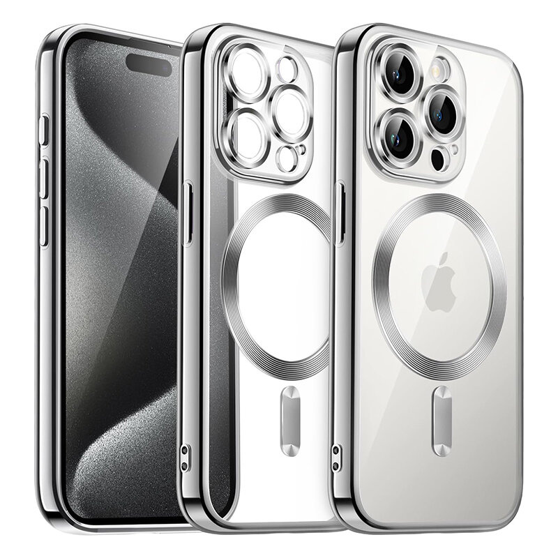Iphone 15 Pro Hülle, Electro Magsafe, Silber + Displayschutzfolie