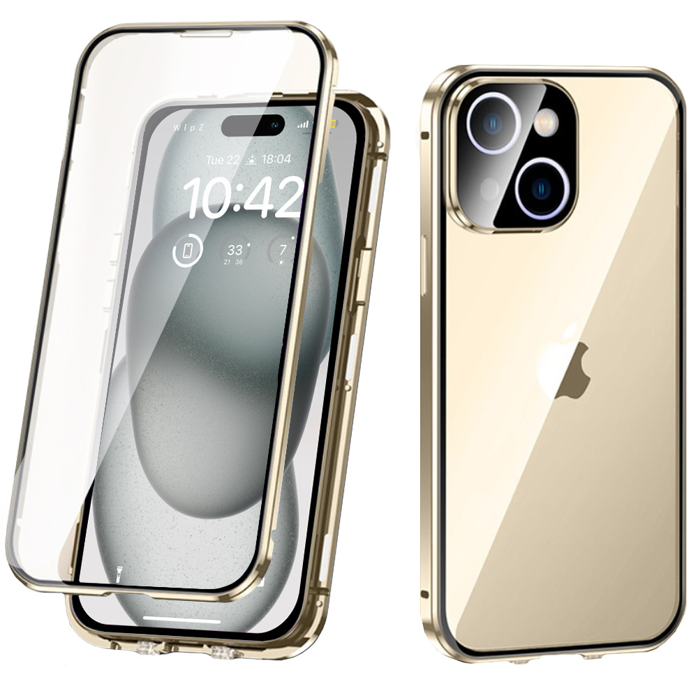 Iphone 15 Hülle, Magnetisches Doppelglas, Gold