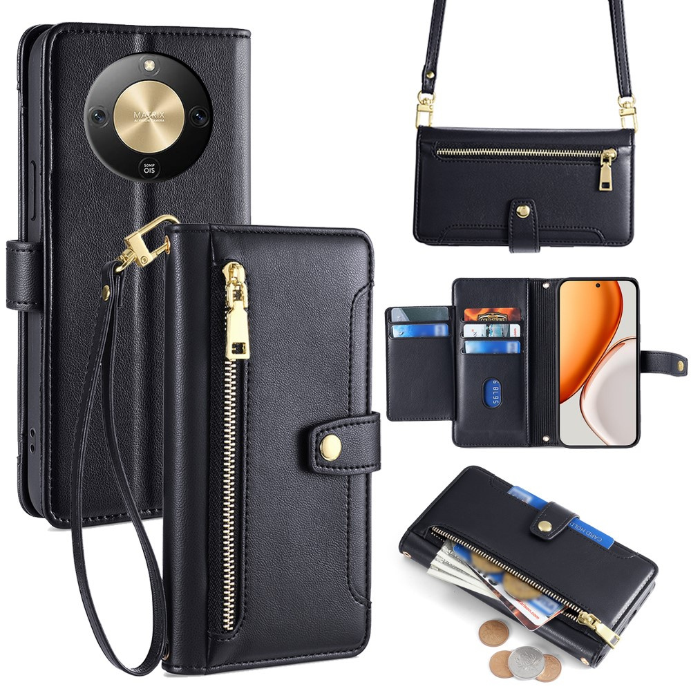 Honor Magic 8 Lite Flip Case, Brieftaschenfach Mit Reißverschluss, Schwarz