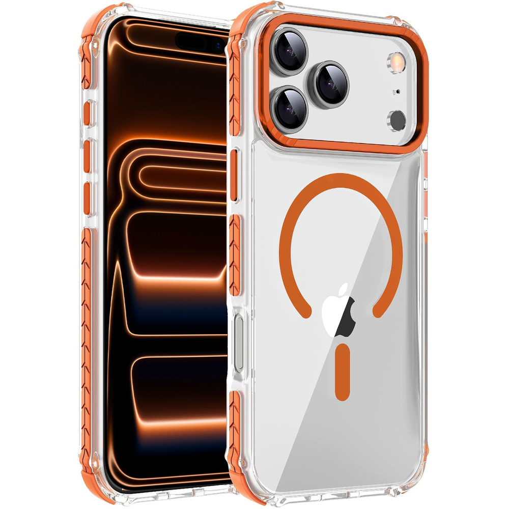 Gepanzerte Schutzhülle Für Iphone 17 Pro, Mit Magsafe-funktion, Transparent Mit Orangefarbenem Rahmen