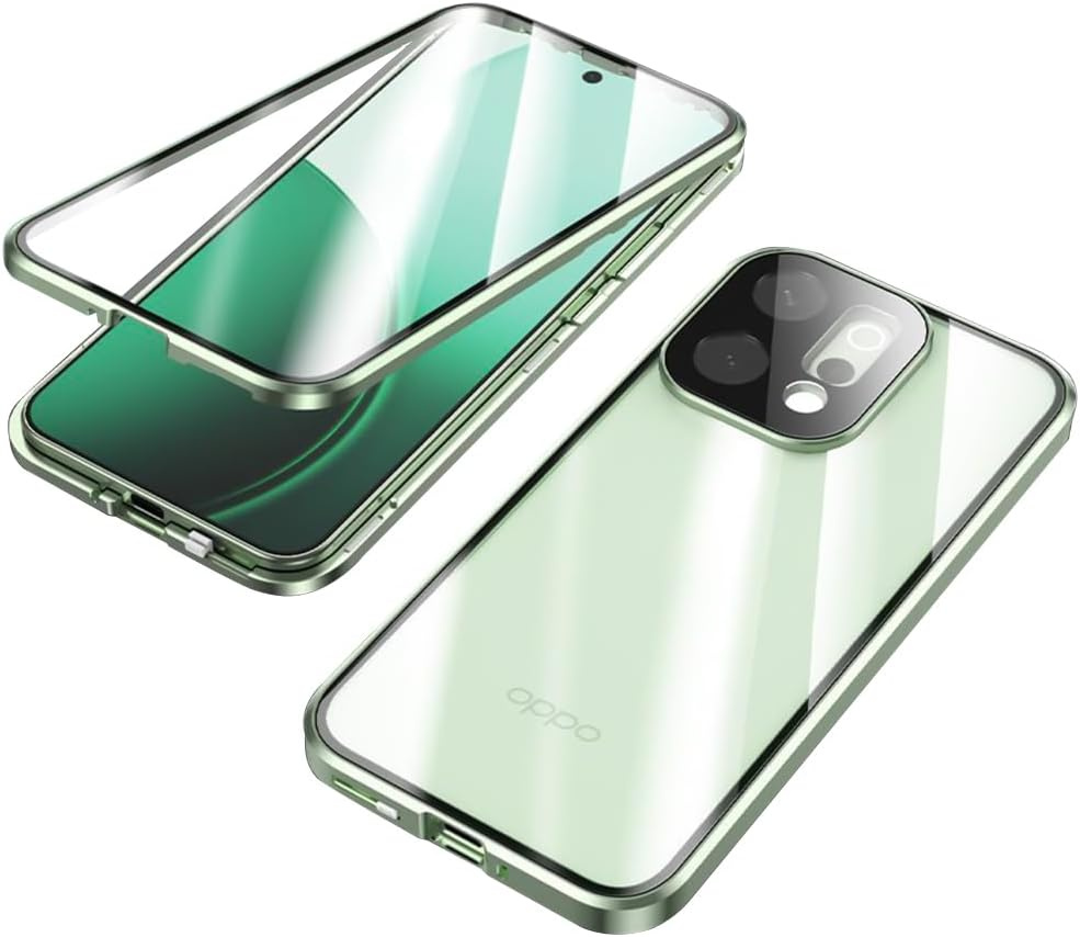 Oppo Reno 14 Hülle, Magnetisches Doppelglas, Transparent Mit Grünen Rändern