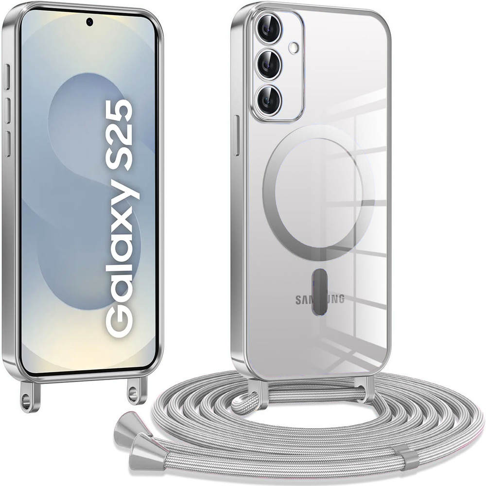 Samsung Galaxy S25 Hülle, Electro Magsafe, Silber + Trageschlaufe