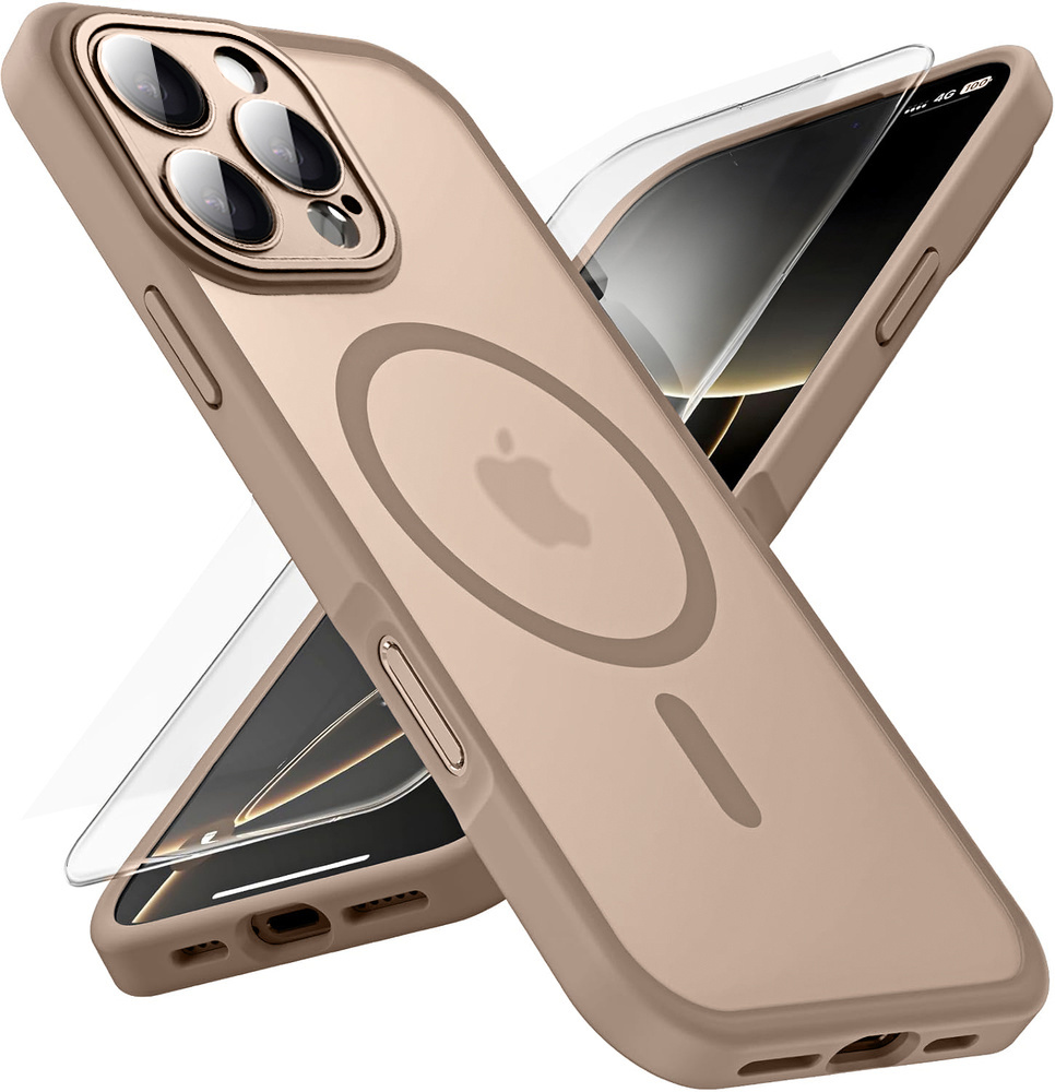 Iphone 16 Pro Hülle, Für Magsafe, Matt-weiße Hülle, Wüsten-titan + Glas-displayschutzfolie