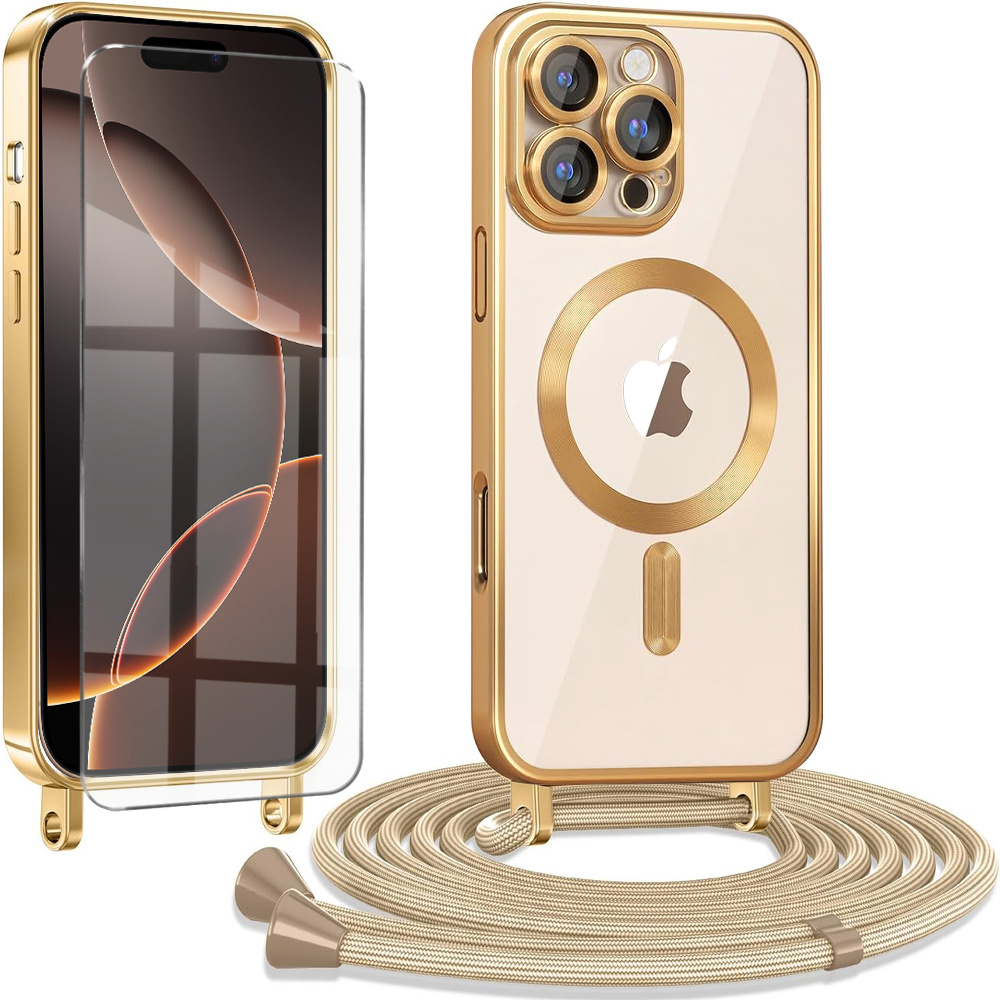 Iphone 16 Pro Hülle, Electro Magsafe, Gold + Displayschutzfolie + Trageband