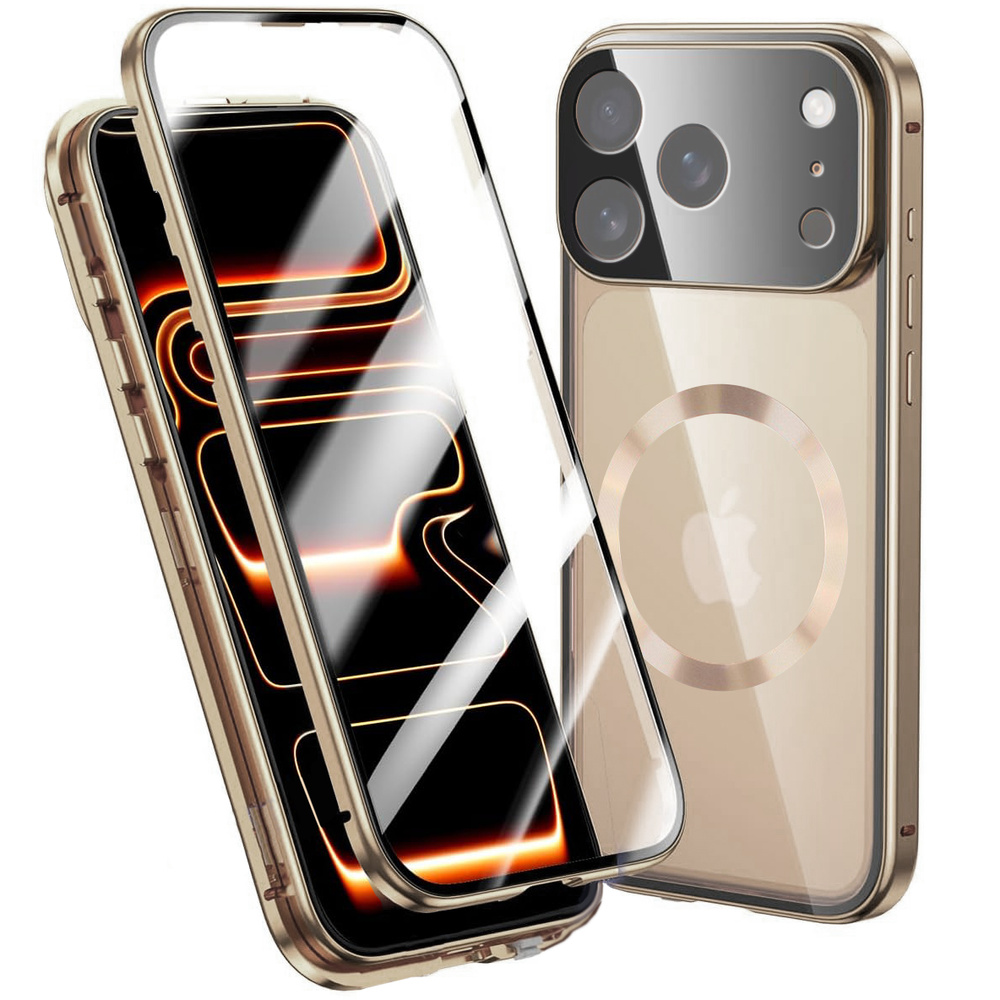 Iphone 17 Pro Max Hülle, Magnetisches Doppelglas, Für Magsafe, Gold