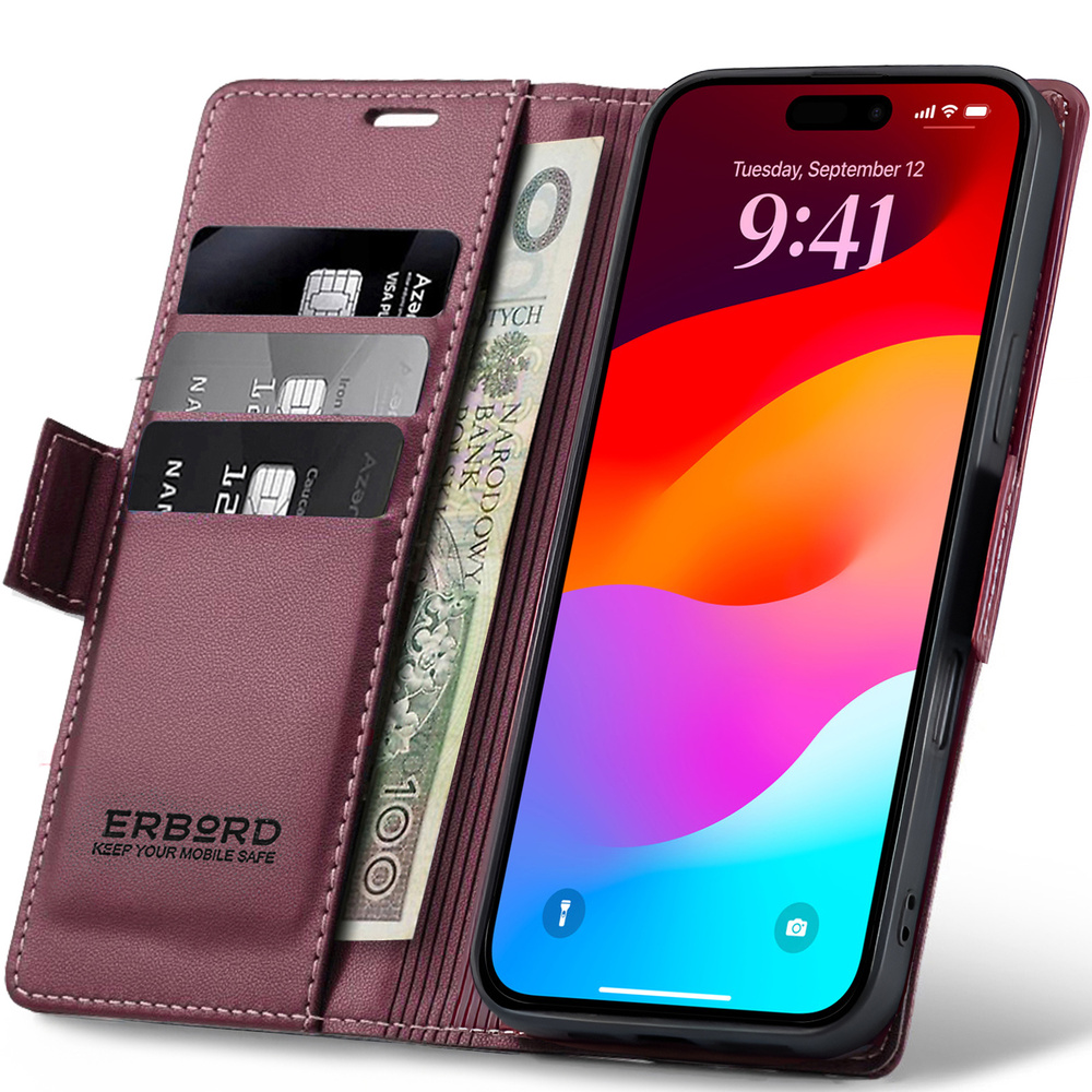 Iphone 17 Pro Hülle, Glänzendes Litschi, Klapphülle Mit Brieftaschenfunktion, Rot