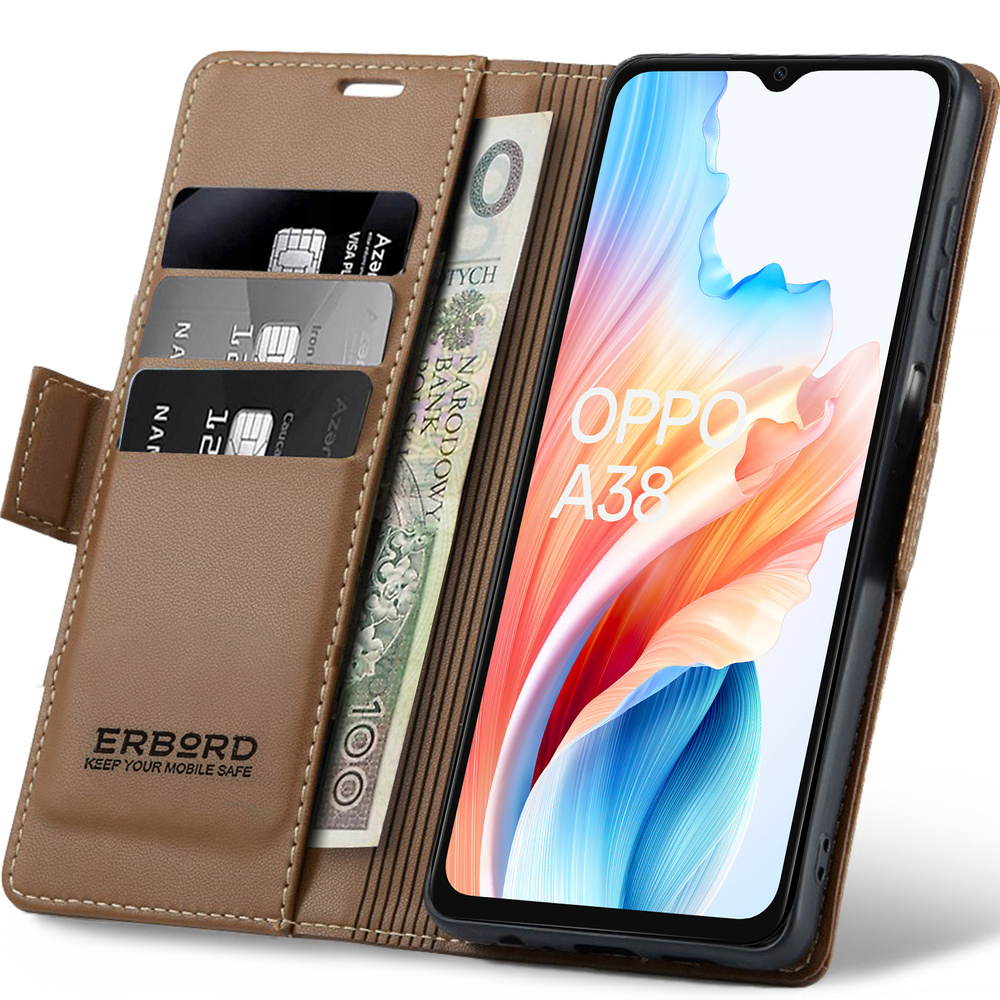 Oppo A38 / A18 Hülle, Glänzende Litschi-wallet-klapphülle, Braun