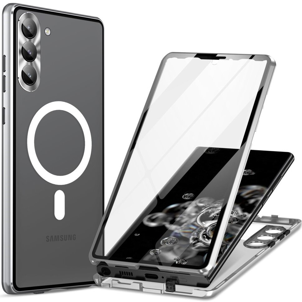 Magnetische Dual-glass-magsafe-hülle Für Samsung Galaxy S24, Silber