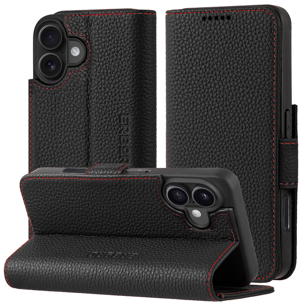 Lederhülle Für Iphone 16, Brieftaschenmodell Mit Klappe, Schwarz