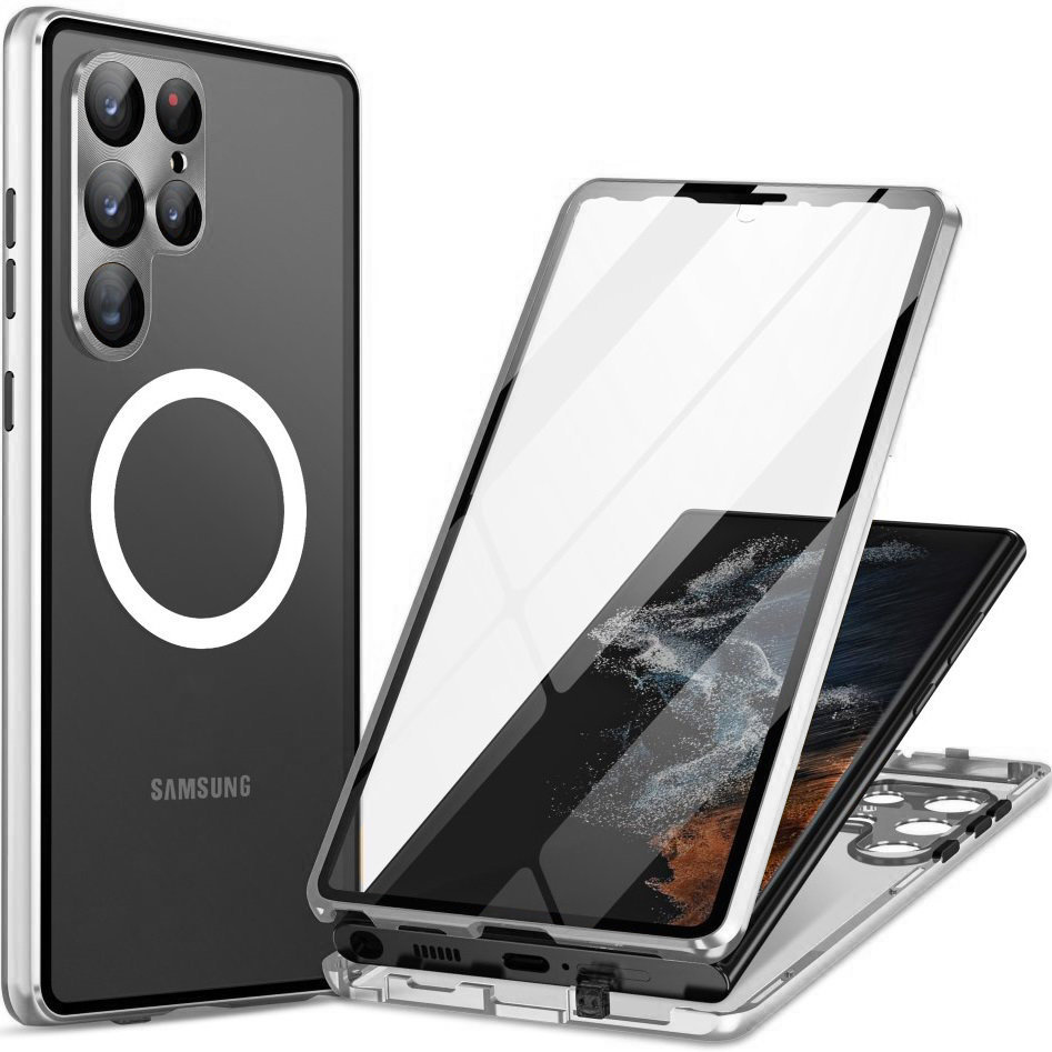 Magnetische Dual-glass-magsafe-hülle Für Samsung Galaxy S22 Ultra, Silber