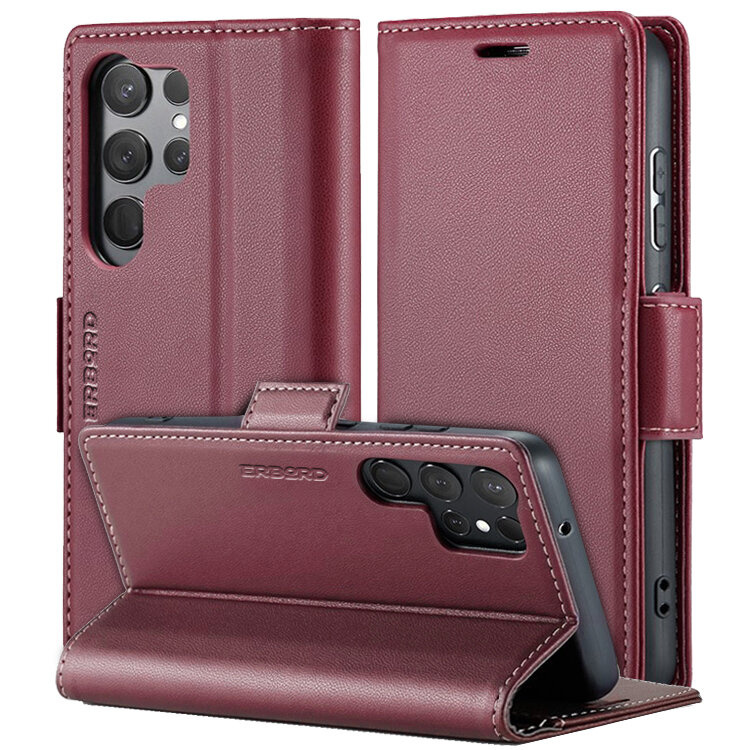 Samsung Galaxy S24 Ultra Hülle, Glänzende Litschi, Klapphülle, Rot