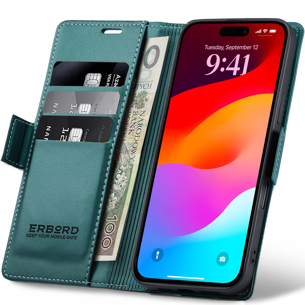 Iphone 17 Pro Hülle, Glänzendes Litschi, Klapphülle Mit Brieftaschenfunktion, Grün