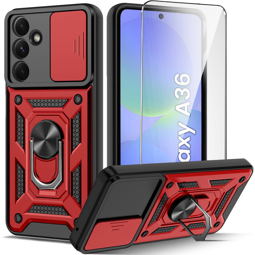 Gepanzertes Gehäuse Für Samsung Galaxy A36 5g, Camshield Slide, Rot + 9h-hartglas