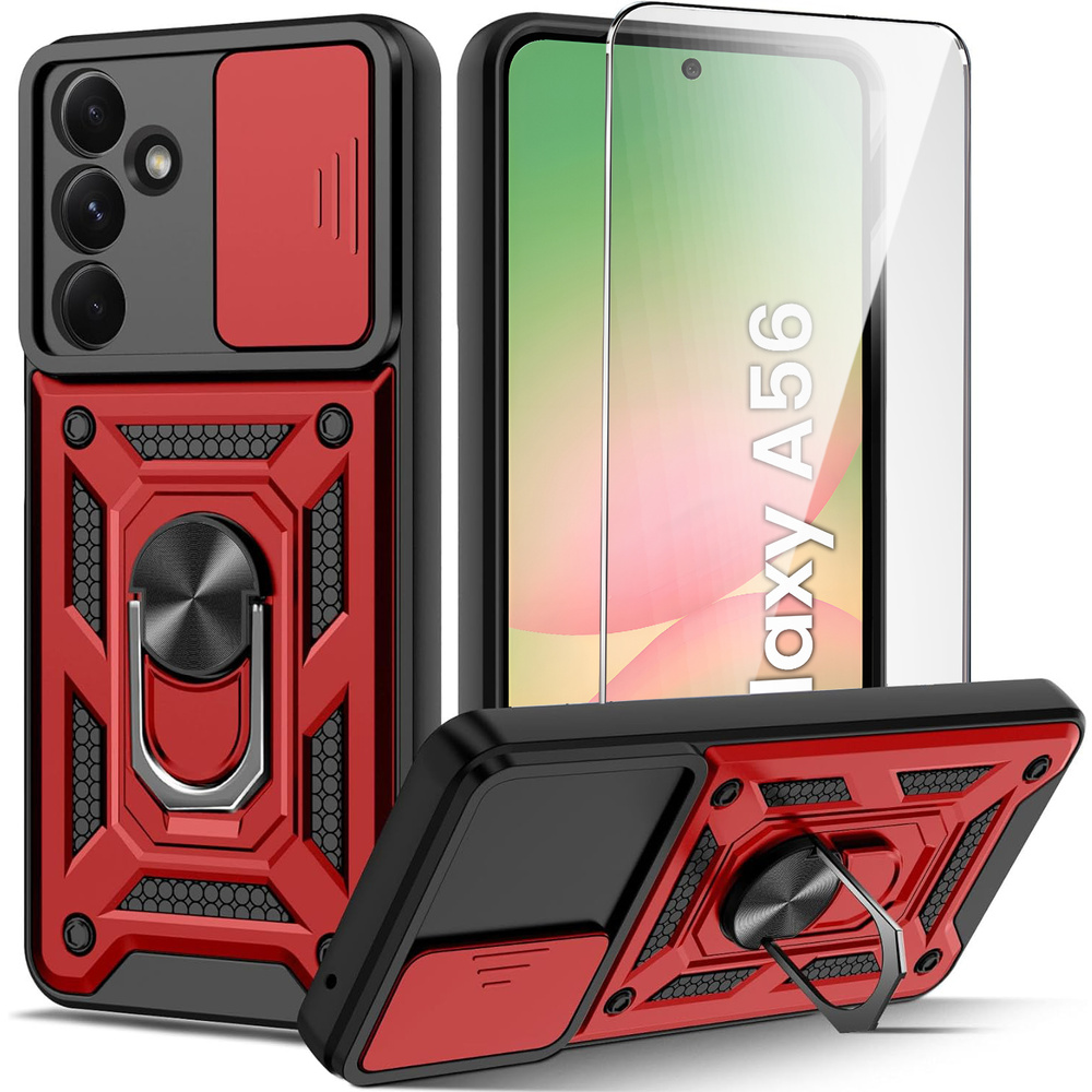 Gepanzertes Gehäuse Für Samsung Galaxy A56 5g, Camshield Slide, Rot + 9h-hartglas