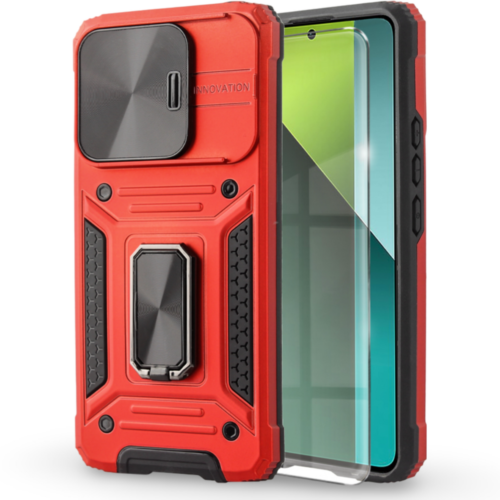 Gepanzertes Gehäuse Für Xiaomi Redmi Note 13 Pro 5g, Camshield Slide, Rot + 9h Gehärtetes Glas