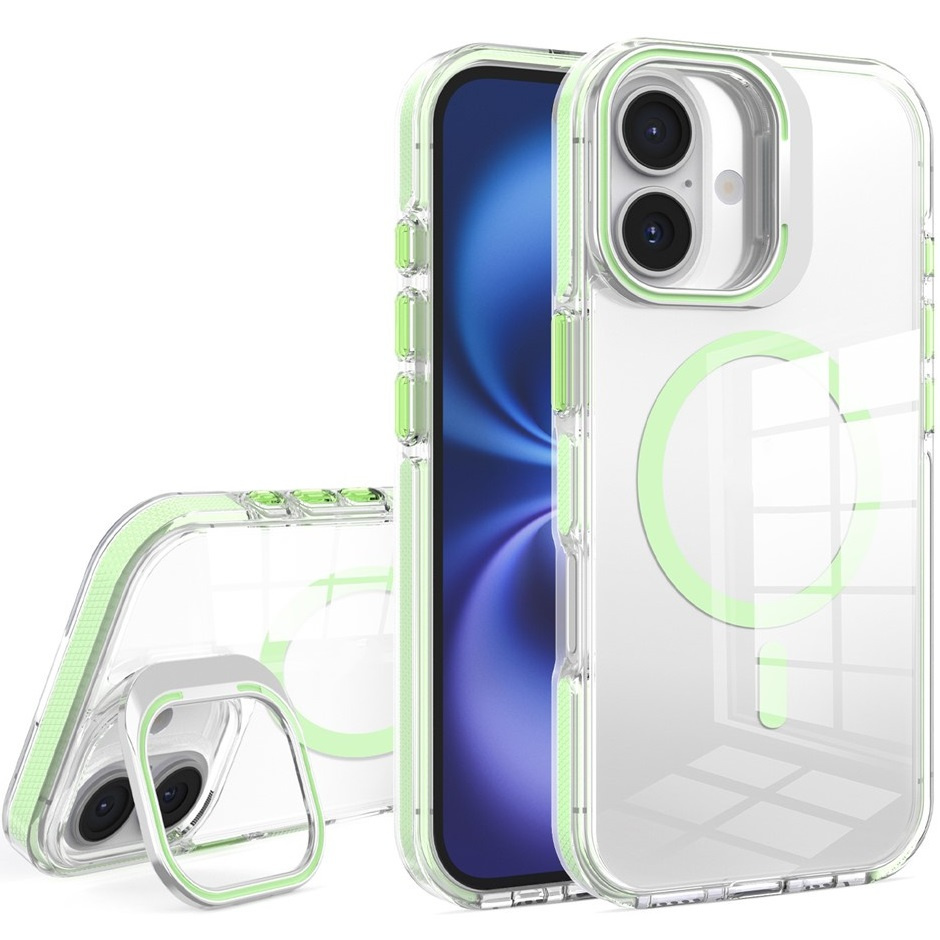 Iphone 17 Hülle, Magsafe-kompatibel, Mit Ständer, Transparent Mit Grünen Akzenten