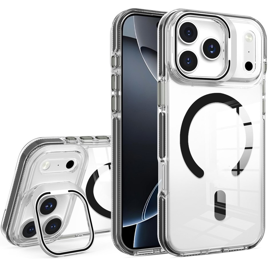 Iphone 17 Pro Max Hülle, Magsafe-resistent, Mit Ständer, Transparent Mit Schwarzen Akzenten