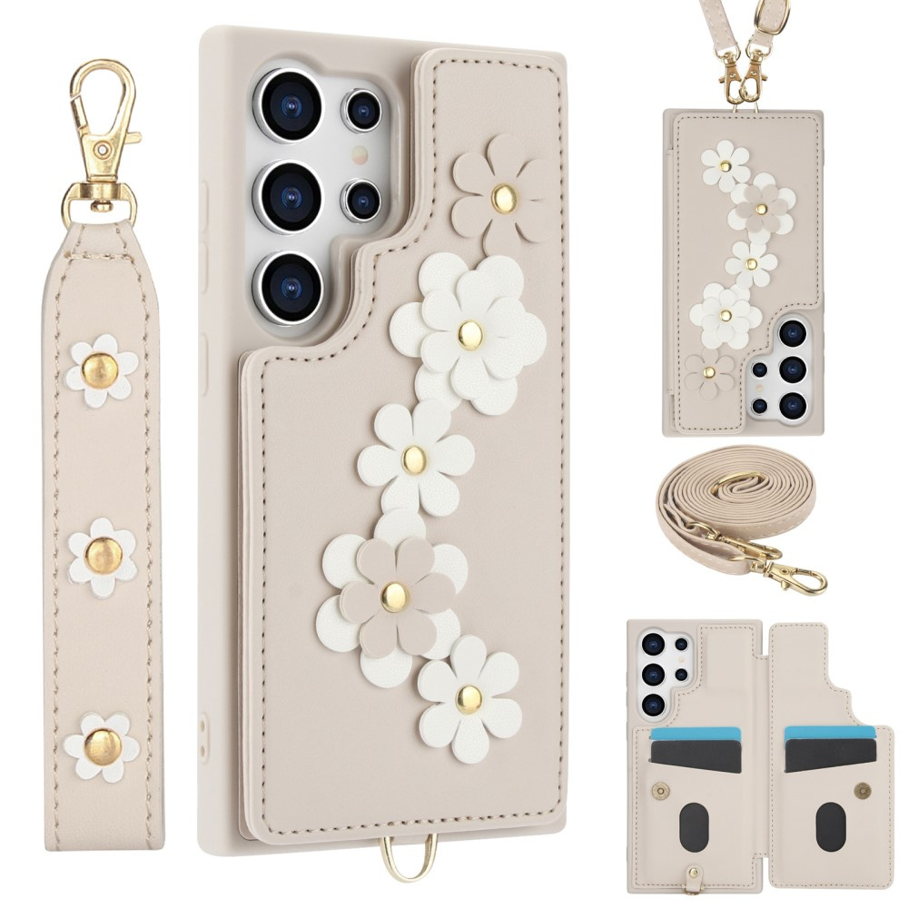 Schutzhülle Für Samsung Galaxy S24 Ultra, Lederblumenmuster, Kartenfach, Beige
