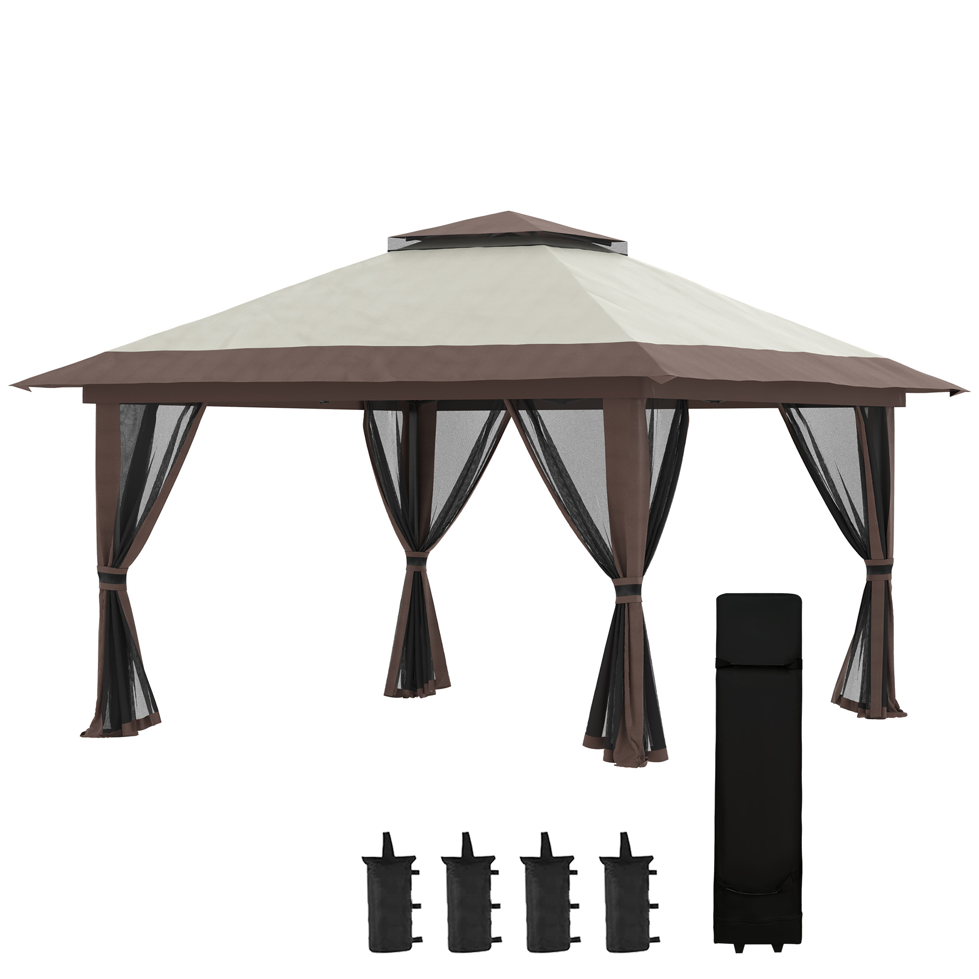 Faltpavillon 4x4m Gartenpavillon Höhenverstellbar Mit Uv-schutz & Netzvorhängen, Doppeldach In Beige Für Gartens