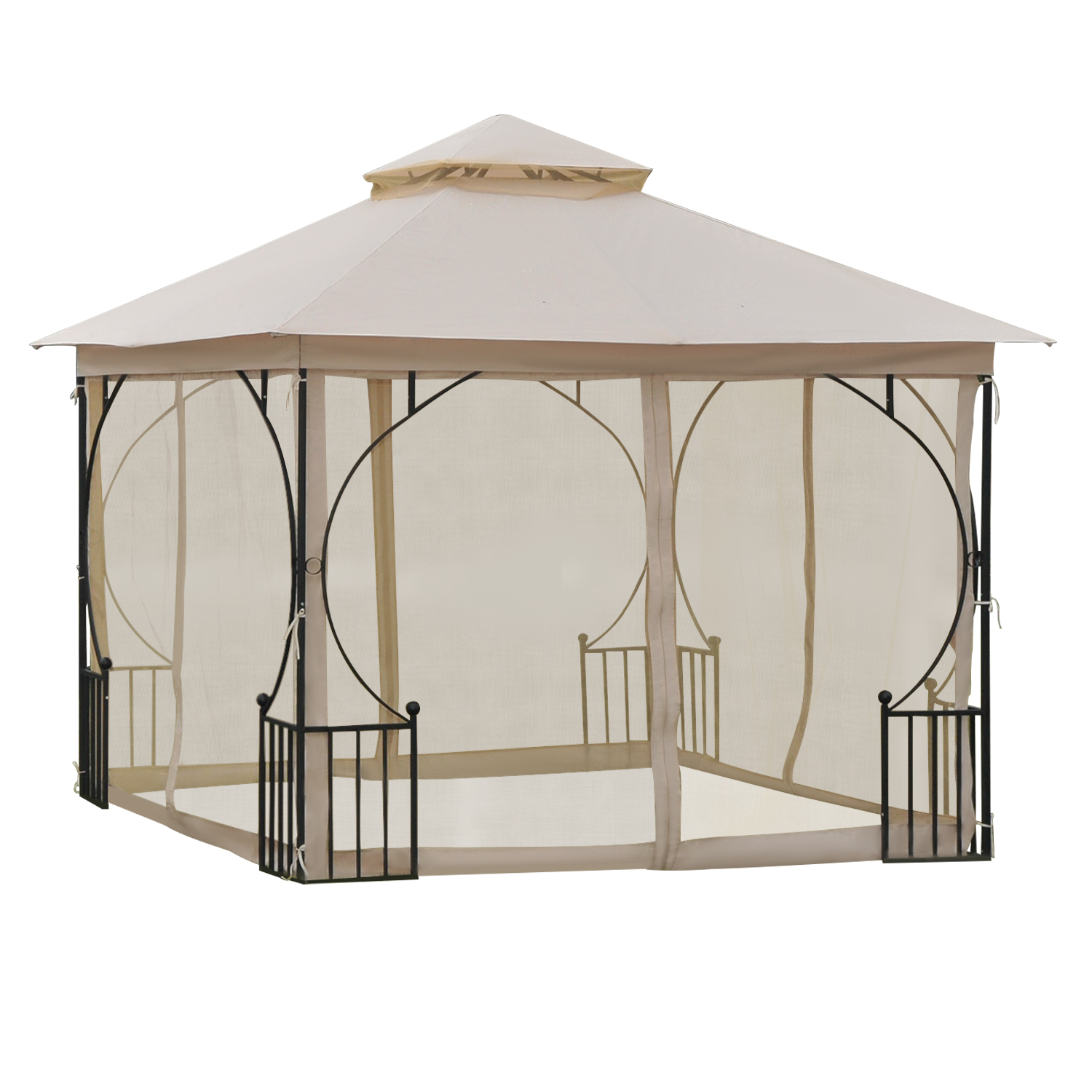 Gartenzelt, 295 X 295 X 275 Cm, Mit Doppeldach, Moskitonetz, 8 Ösen Am Dachrand, Gute Luftzirkulation, Polyester, Beige