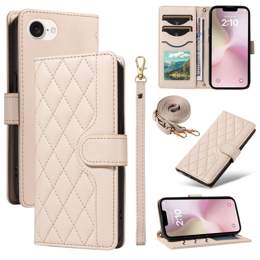 Iphone 17e / 16e Rhombus Crossbody Leder-klapphülle, Beige
