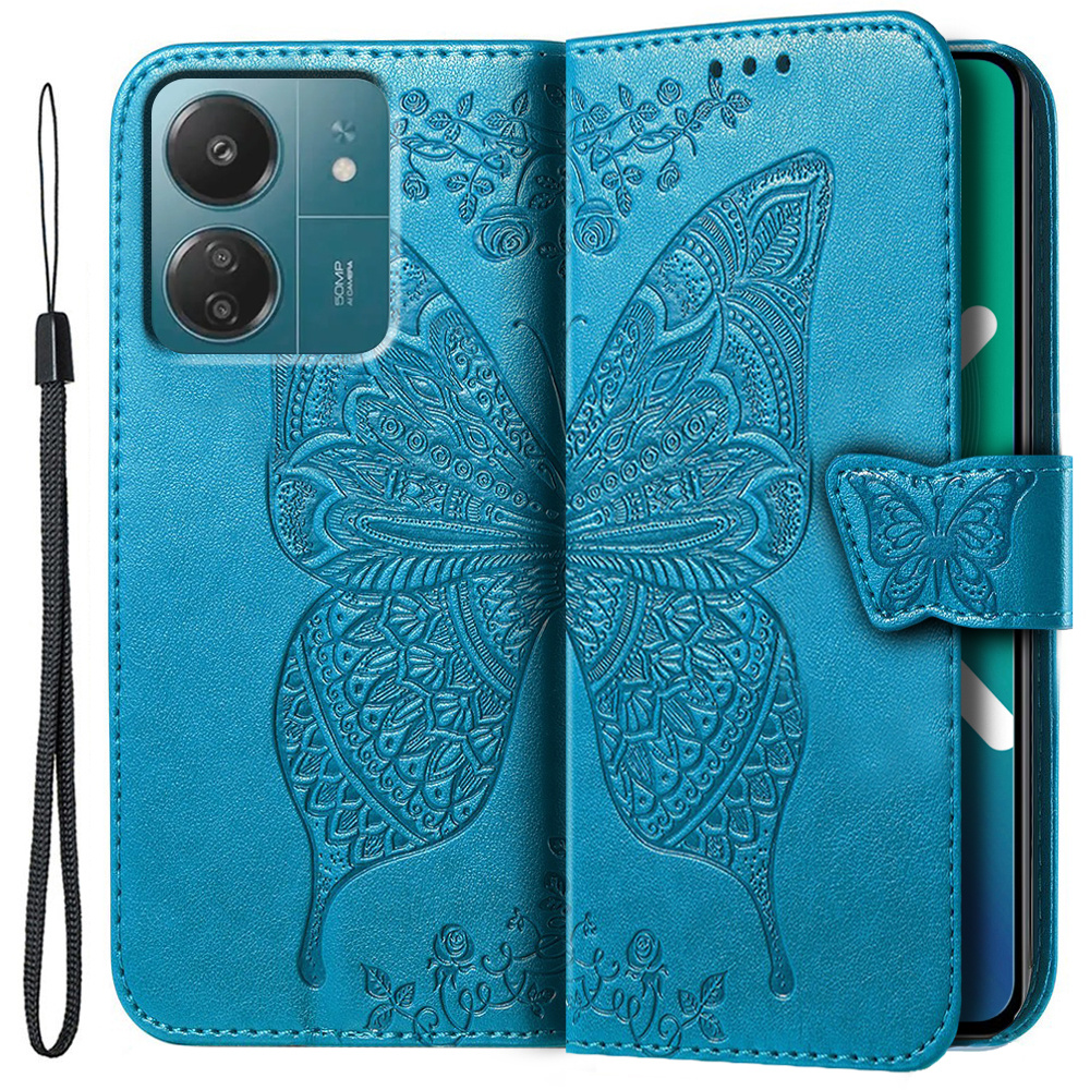 Klapphülle Für Xiaomi Redmi 13c / Poco C65, Schmetterling, Blau