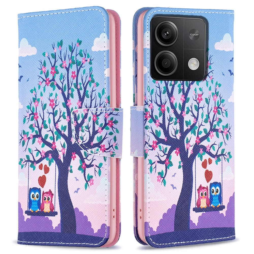 Klapphülle Für Xiaomi Redmi Note 13 5g, Brieftaschenmotiv, Eulen & Baum Blau