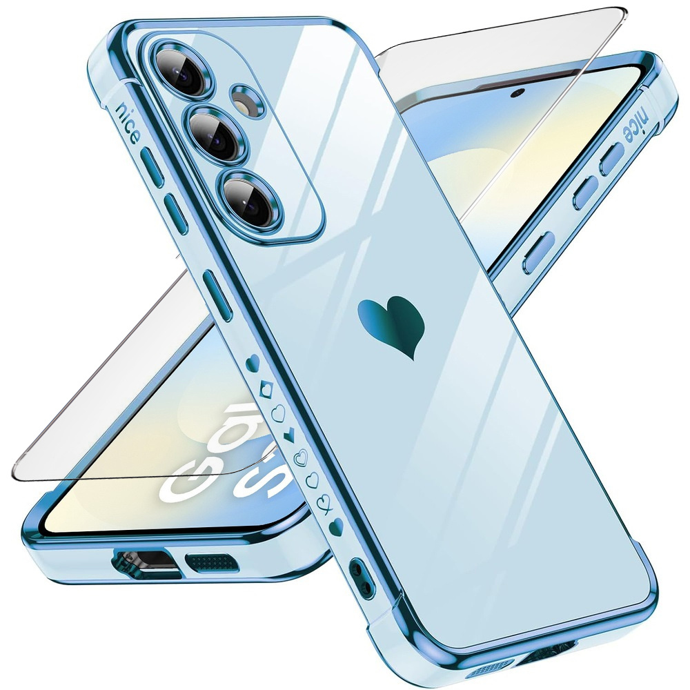 Samsung Galaxy S25 Fe Hüllenset, Electro Heart, Blau + Displayschutzfolie