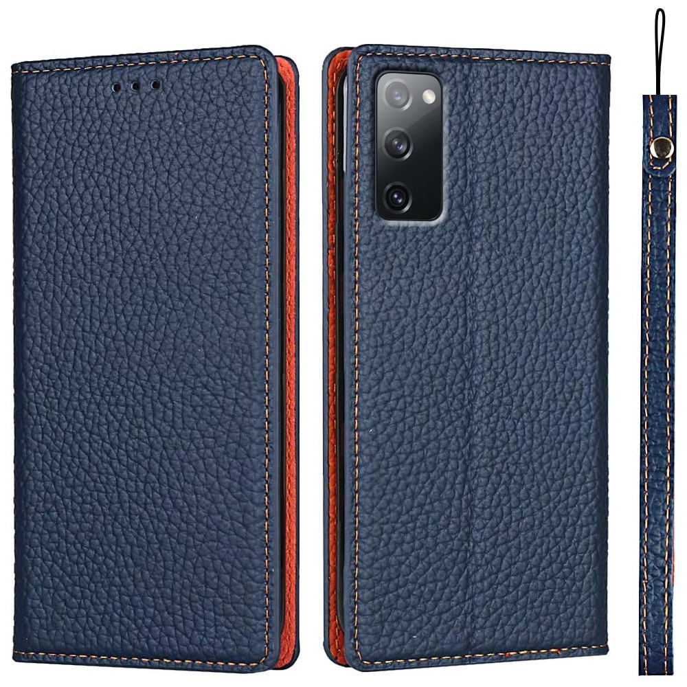 Lederhülle Für Samsung Galaxy S20 Fe, Erbord Genarbtes Leder, Marineblau